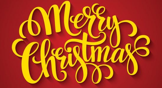 Gelber Schriftzug Merry Christmas auf rotem Hintergrund
